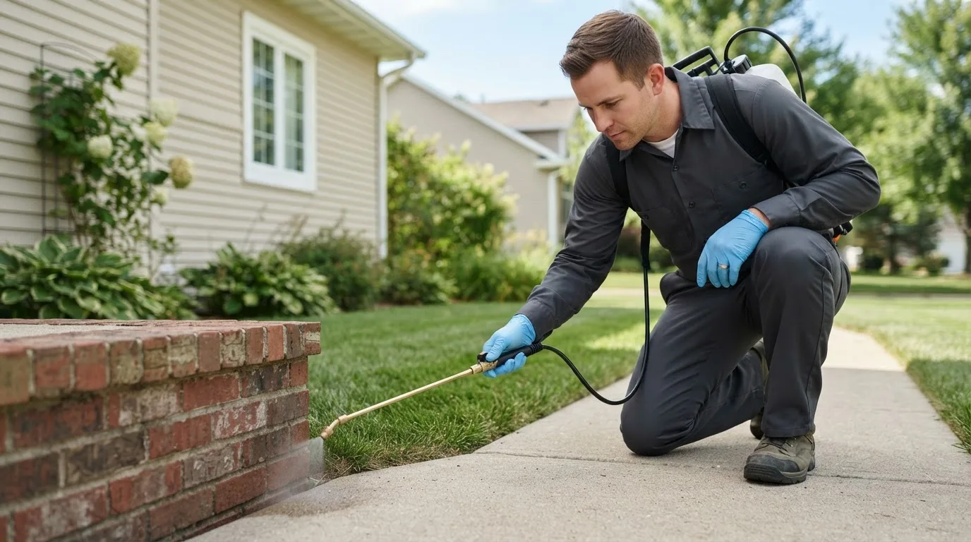 Pest control technician treating a home near Camden, IL