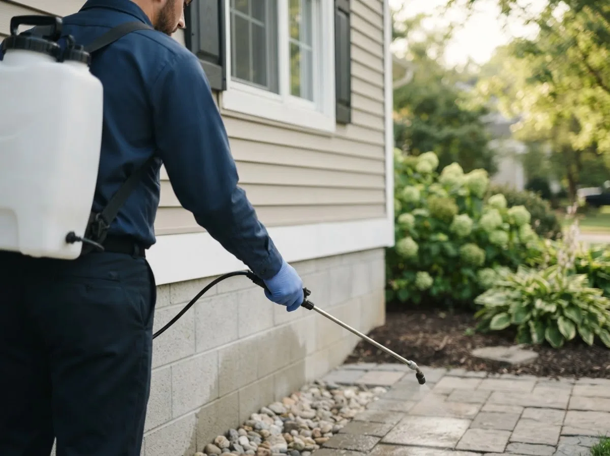 Pest control technician inspecting a home in Camden, IL